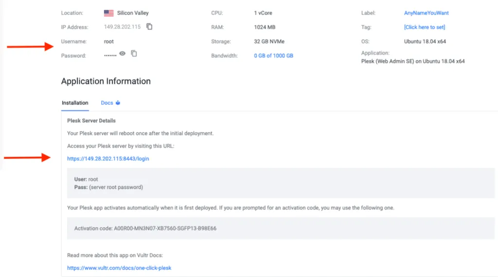 Vultr High Frequency Server Plesk Installation Information