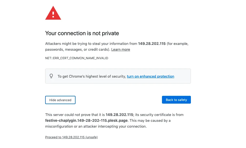Plesk Login Page SSL Security Warning