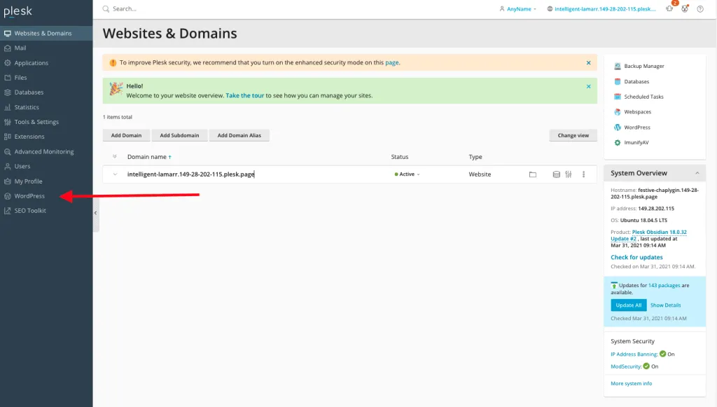Plesk Dashboard First Time Click WordPress