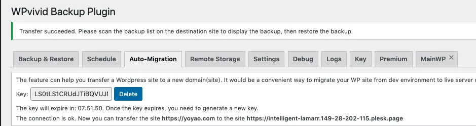 WordPress WP Vivid Plugin Migration Clone Success Message