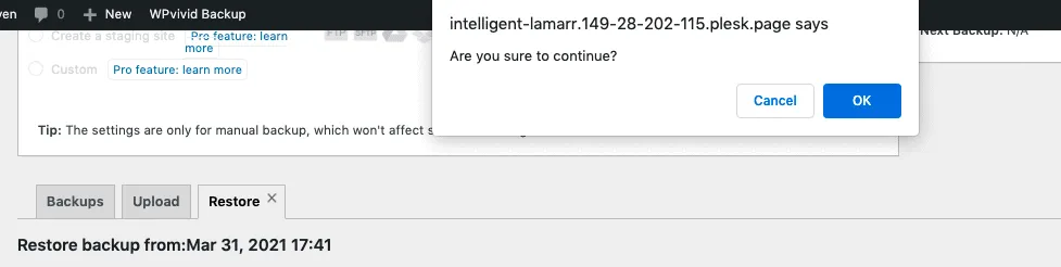 WordPress WP Vivid Plugin Migration Restore Confirmation