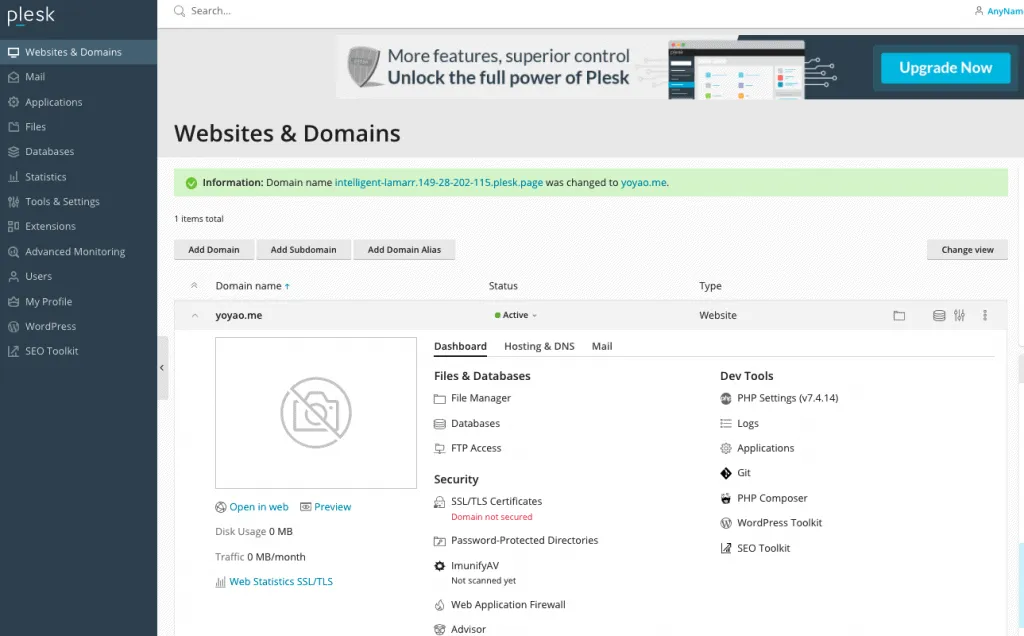 Plesk Change Temporary to Permanent Domain Success