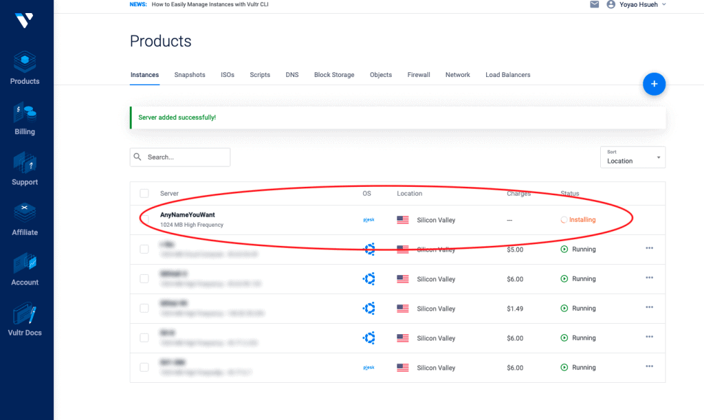 Vultr High Frequency Server Created and Installing