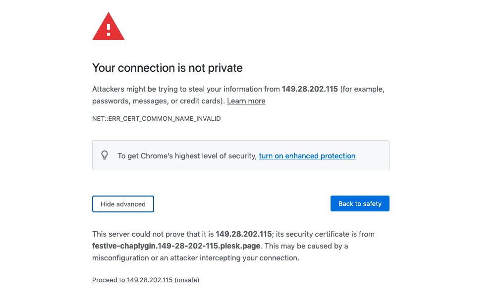 Plesk Login Page SSL Security Warning