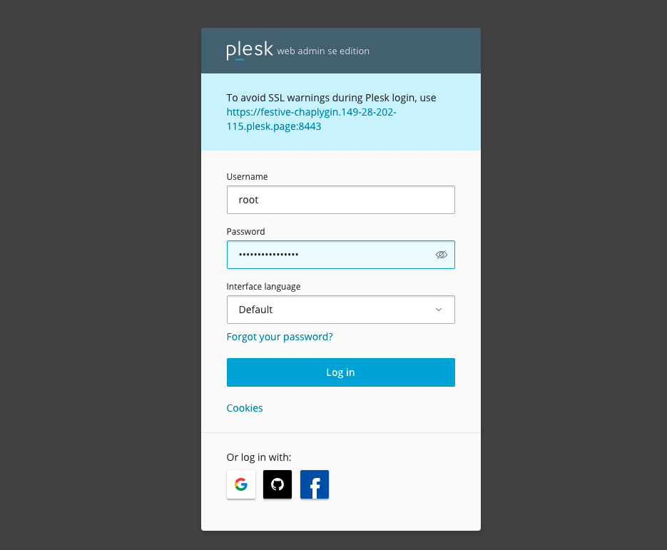 Plesk Login Page Filled Out