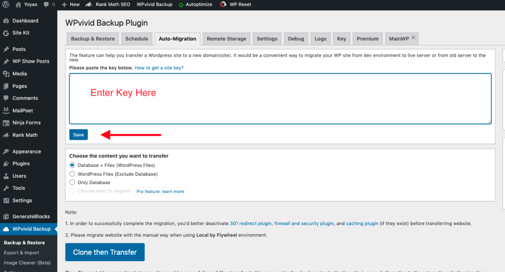 WordPress WP Vivid Plugin Migration Key Copy Paste on Old Site
