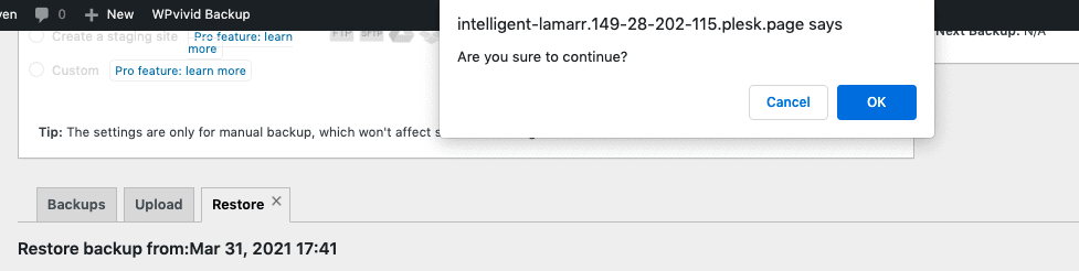 WordPress WP Vivid Plugin Migration Restore Confirmation