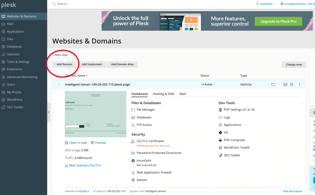 Plesk Dashboard Add Domain