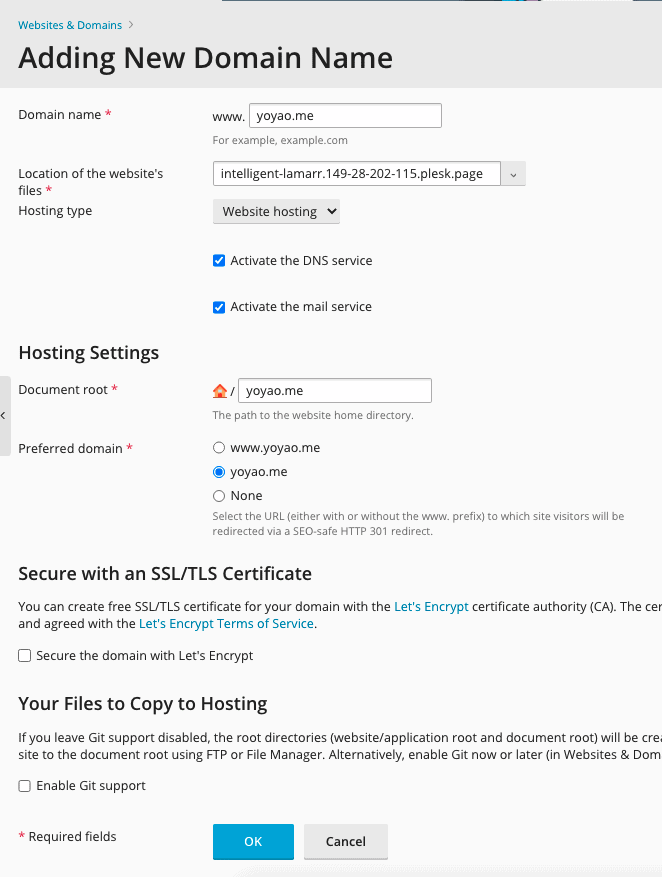 Plesk Add New Domain Settings