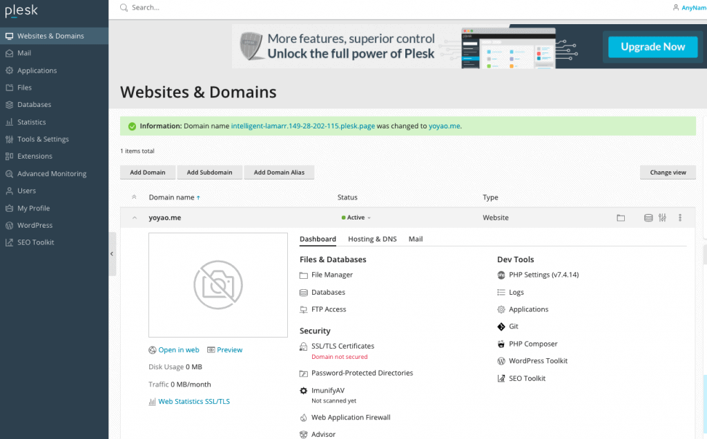 Plesk Change Temporary to Permanent Domain Success