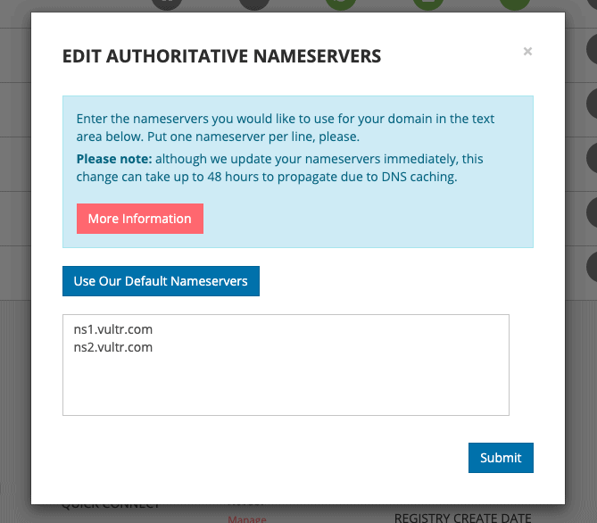 Change Nameservers to Vultr