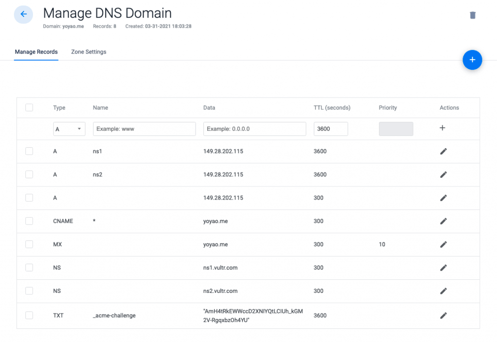 Add Domain DNS Records on Vultr