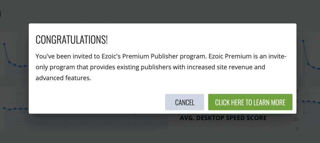 Ezoic Premium Publisher Invite Only Program Pop Up
