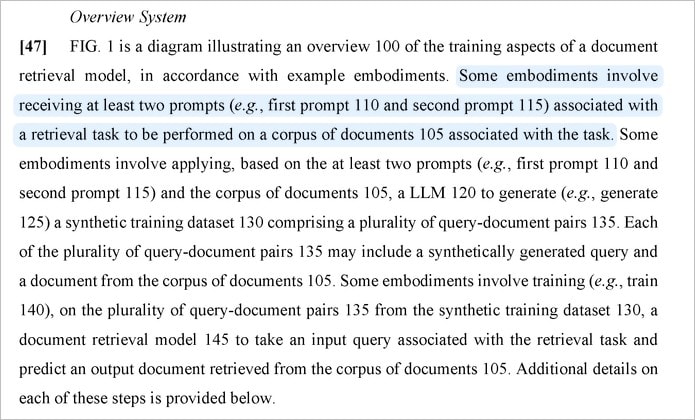 The Power of Query Fan-Out in AI Search: Revolutionizing Search Engines with Generative Intent 6 A screenshot of a patent document describing a diagram overview of training a document retrieval model for AI search. A section of text is highlighted, discussing embodiments receiving at least two prompts with a retrieval task on a corpus of documents.