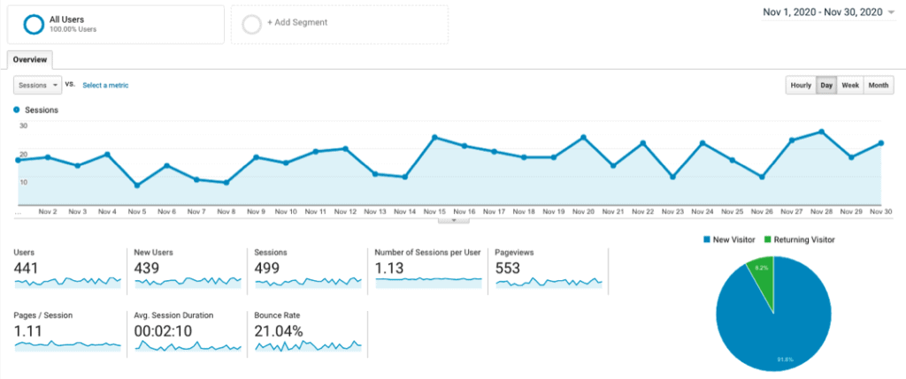 Site 3 Case Study Month 6 November 2020 Google Analytics Visitor Traffic